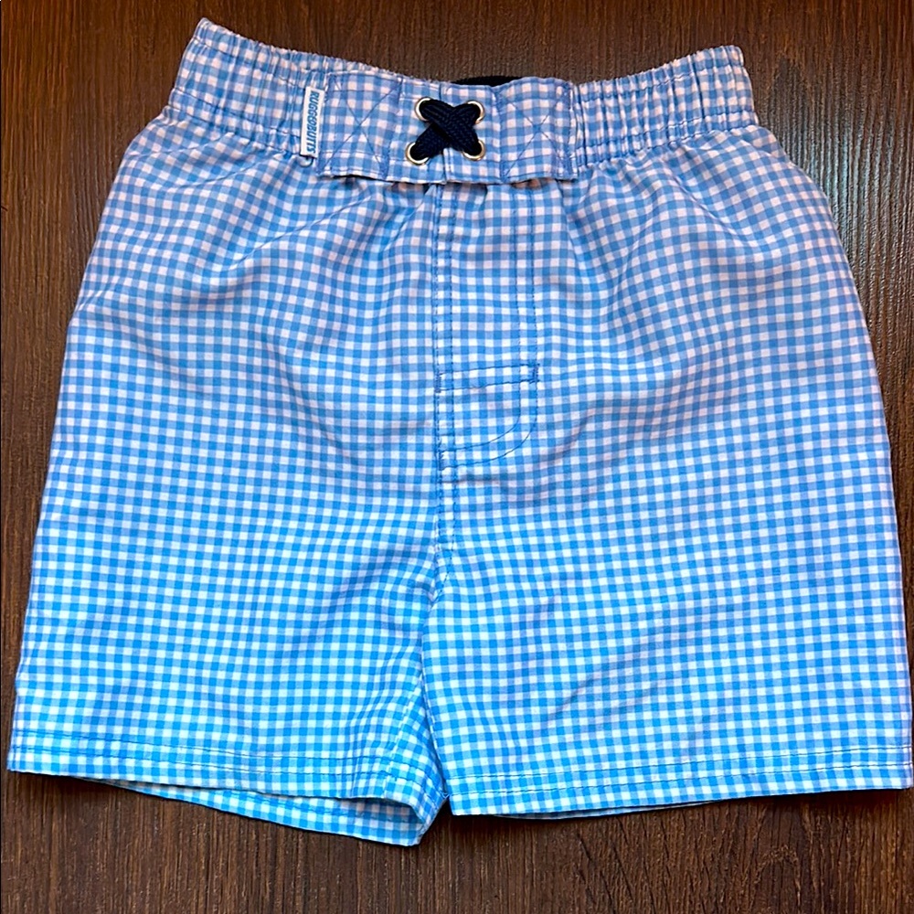 Boy’s RuggedButts blue and white checkered bathing suit swimsuit trunks size 3T